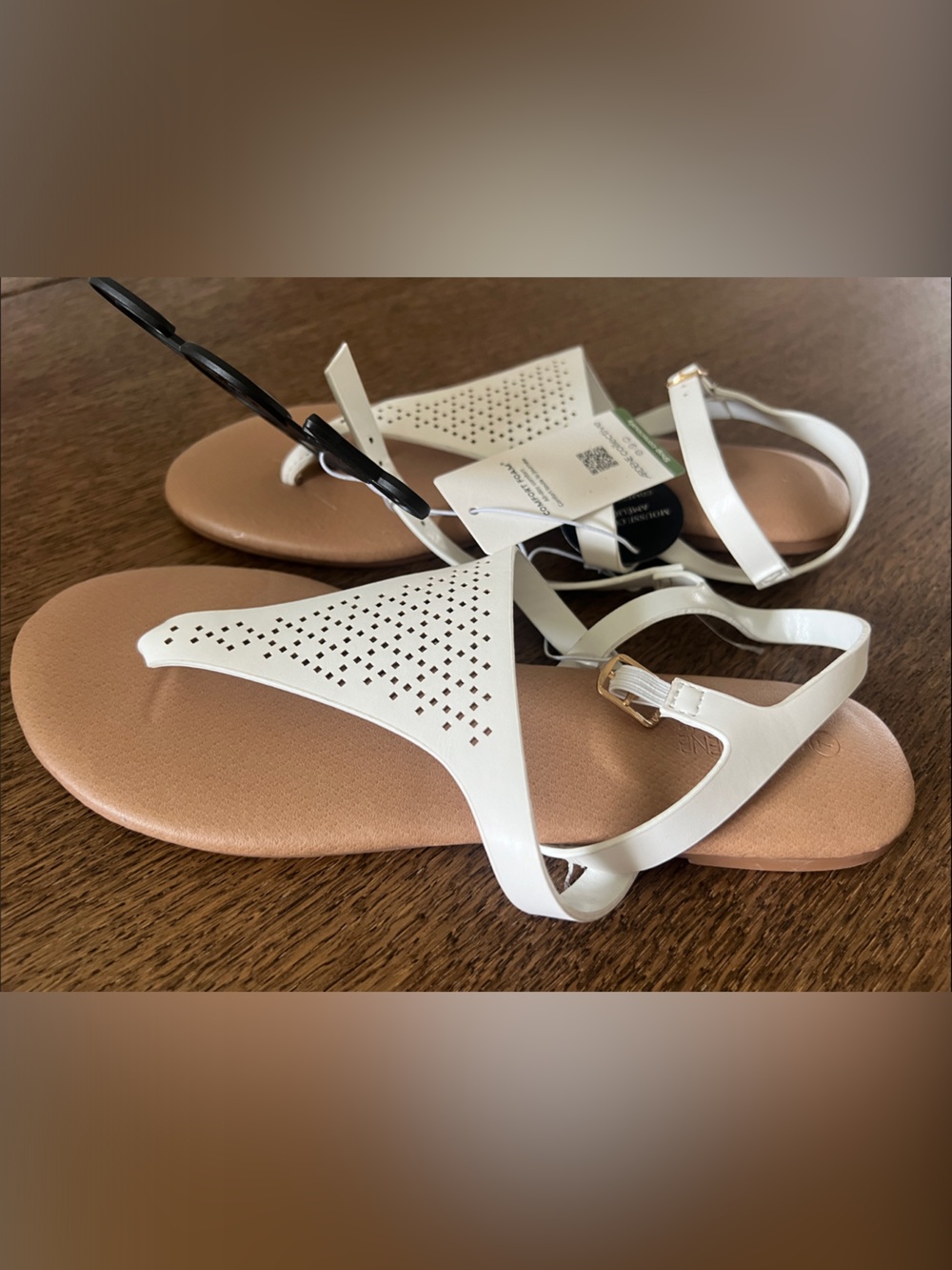 Ardene White Perforated T-Strap Sandals with Tan Footbed - Picture 5 of 6